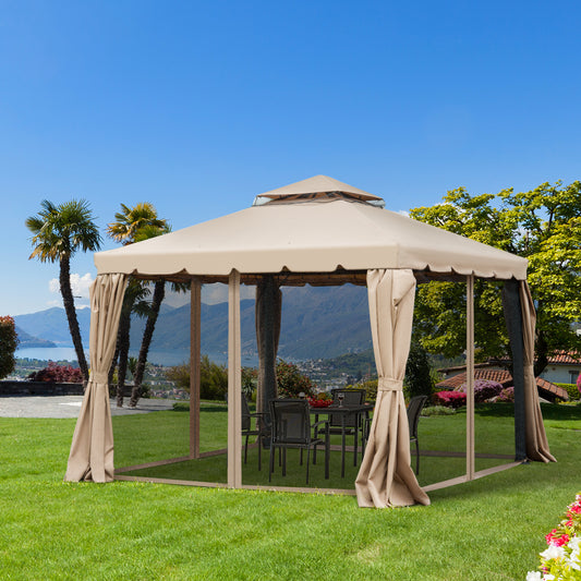 Outsunny 10' x 10' Outdoor Patio Gazebo Double Soft-top Garden Shelter Tent with Polyester Curtains, & Mesh Screen Drapes, Khaki | Aosom Canada