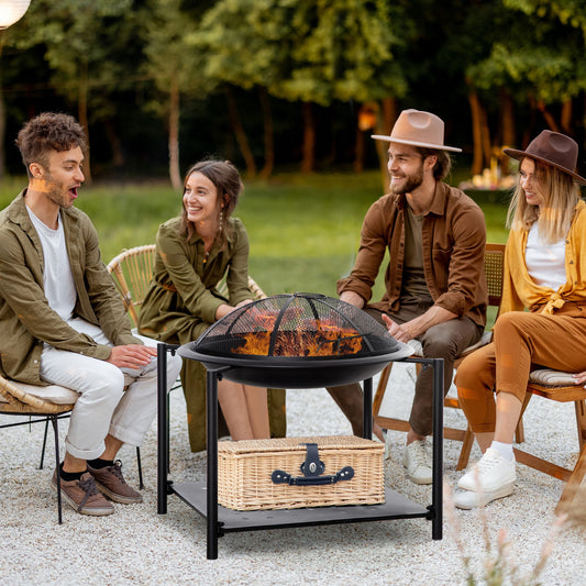 Outsunny Outdoor Fire Pit with Screen Cover and Storage Shelf, Wood Burning Fire Bowl with Poker for Patio, Backyard, Black | Aosom Canada