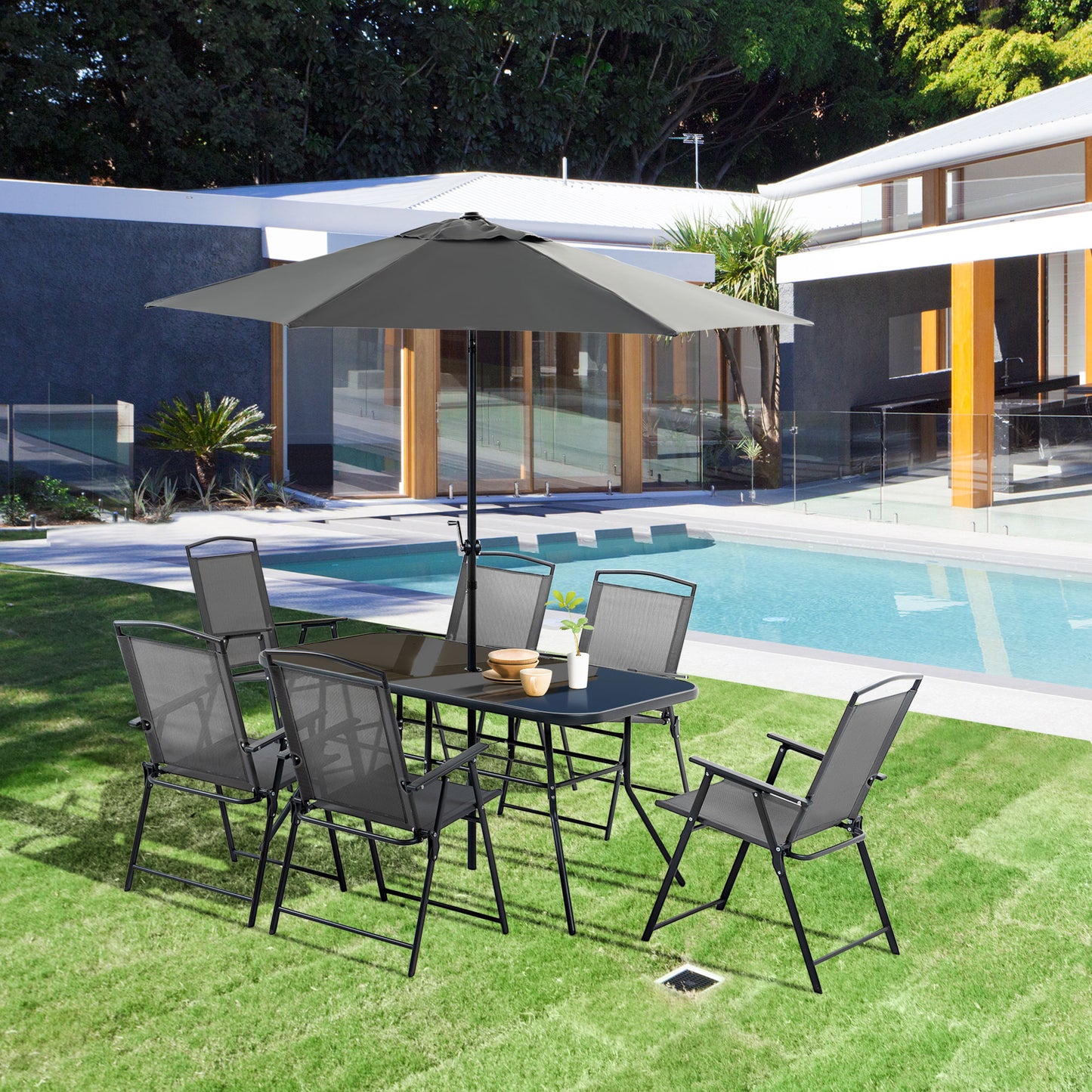 Outsunny 8 Piece Patio Dining Set with Table Umbrella, 6 Folding Chairs and Rectangle Dining Table, Outdoor Patio Furniture Set, Black | Aosom Canada