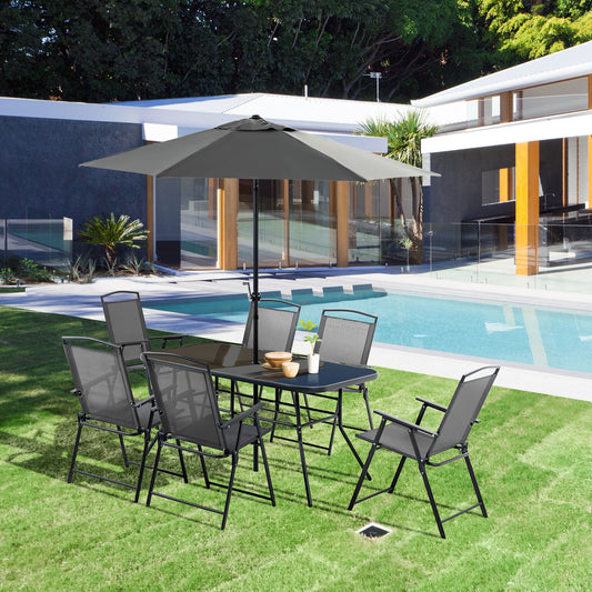 Outsunny 8 Piece Patio Dining Set with Table Umbrella, 6 Folding Chairs and Rectangle Dining Table, Outdoor Patio Furniture Set, Black | Aosom Canada