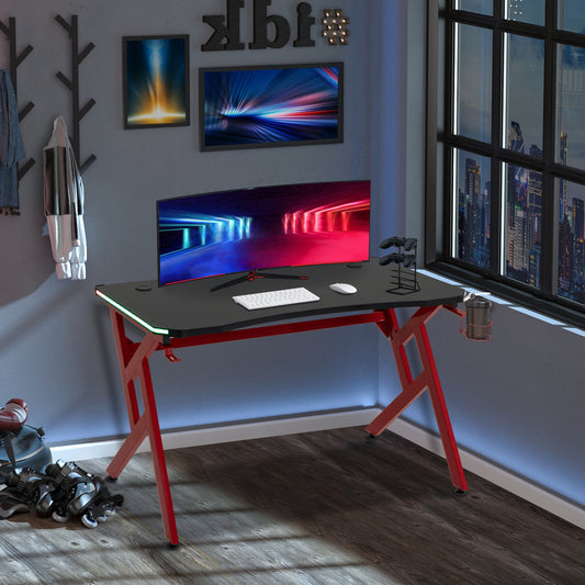 HOMCOM Gaming Desk 47 Inch Racing Style PC Computer Table Home Office Workstation with RGB Lights Cup Holder Black and Red | Aosom Canada