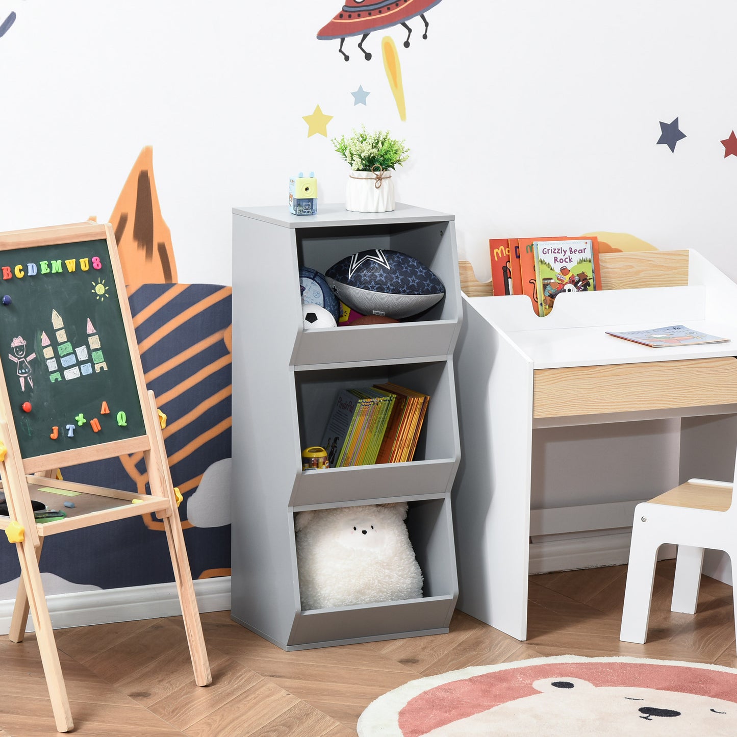 HOMCOM Kids Storage Cabinet 3 Shelves Anti-toppling Toy Storage Organizer Bookcase Book Rack for Children's Play Room/Bedroom, Grey | Aosom Canada