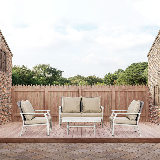Outsunny 4 Pieces Patio Wicker Sofa Set, Outdoor PE Rattan Aluminum Frame Conservatory Furniture, Lawn Coffee Table, Beige | Aosom Canada