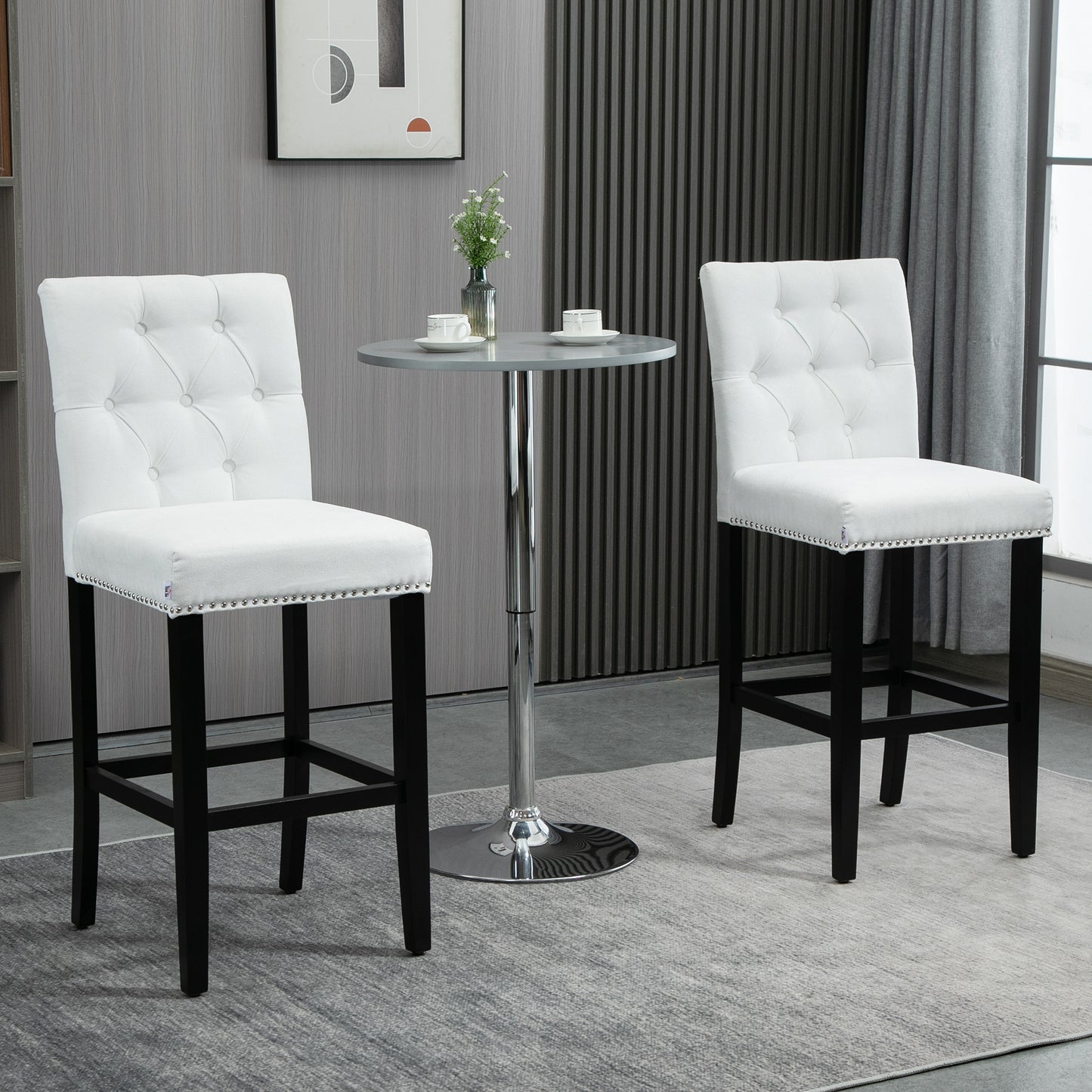 HOMCOM Fabric Bar Stool Set of 2, Tall 29.5" Seat Height Bar Chairs with Tufted Back & Wood Legs, Cream White | Aosom Canada