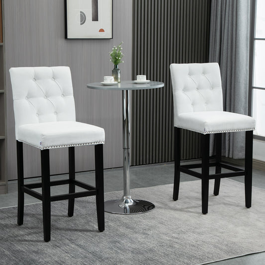 HOMCOM Fabric Bar Stool Set of 2, Tall 29.5" Seat Height Bar Chairs with Tufted Back & Wood Legs, Cream White | Aosom Canada