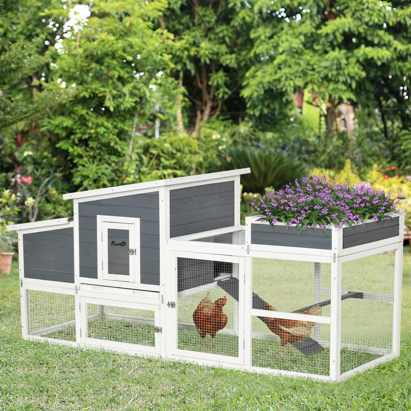PawHut 76" Wooden Chicken Coop, Outdoor Hen House Poultry Cage with Plant Box, Openable Roof, Nesting Box, Removable Tray, Grey | Aosom Canada