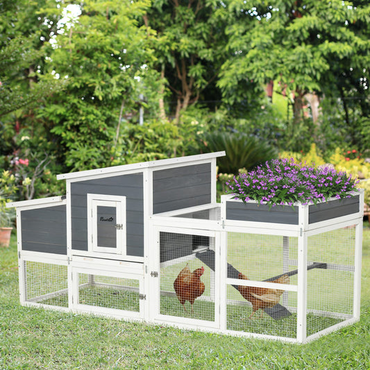 PawHut 76" Wooden Chicken Coop, Outdoor Hen House Poultry Cage with Plant Box, Openable Roof, Nesting Box, Removable Tray, Grey | Aosom Canada