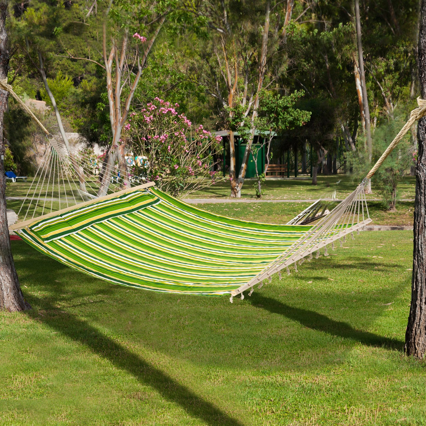 Outsunny Stripe Fabric Camping Hammock w/ Pillow Green/White/Yellow | Aosom Canada