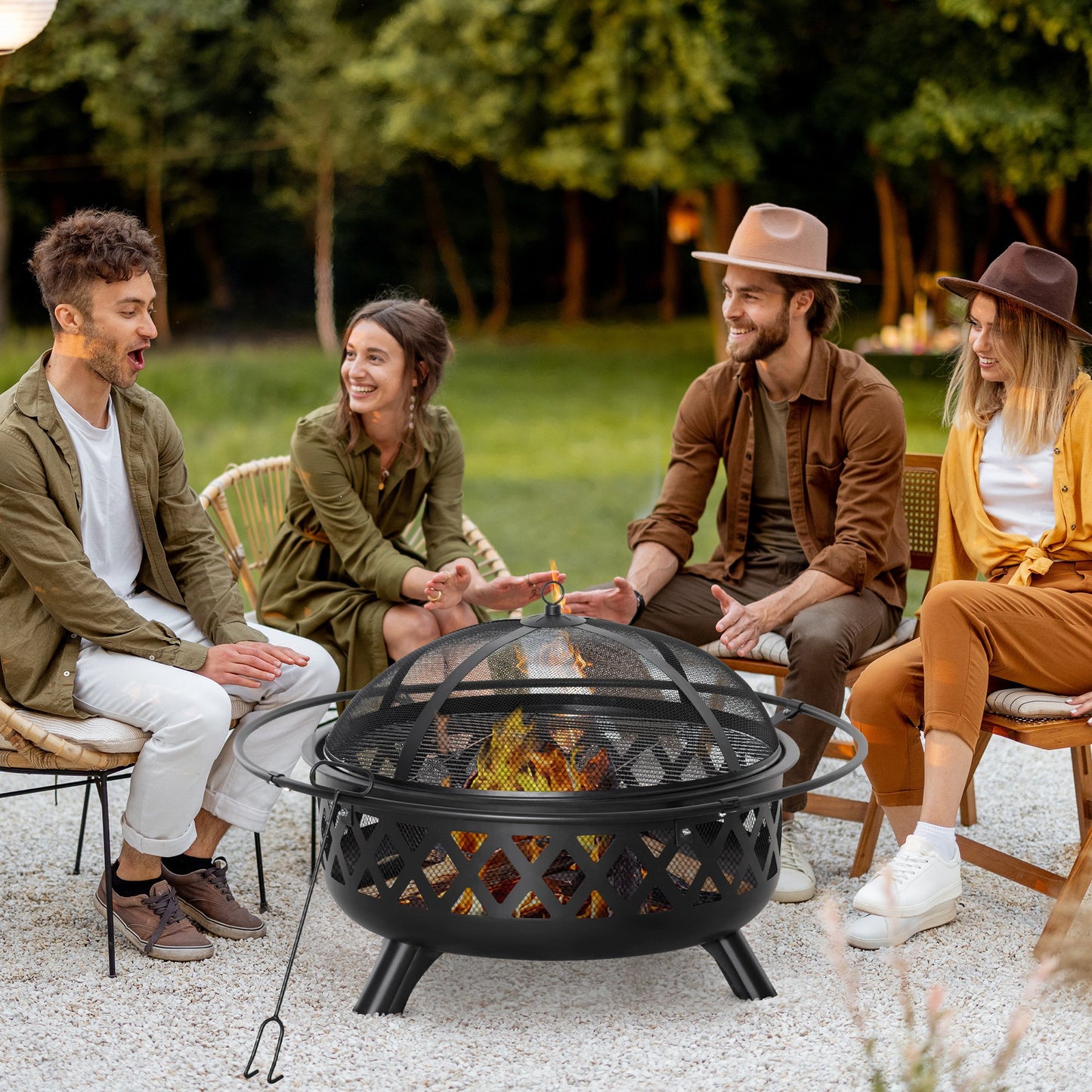 Outsunny 2-in-1 Outdoor Fire Pit with BBQ Cooking Grill, Round Firepit Bowl with Spark Screen Cover, Poker for Backyard Bonfire | Aosom Canada