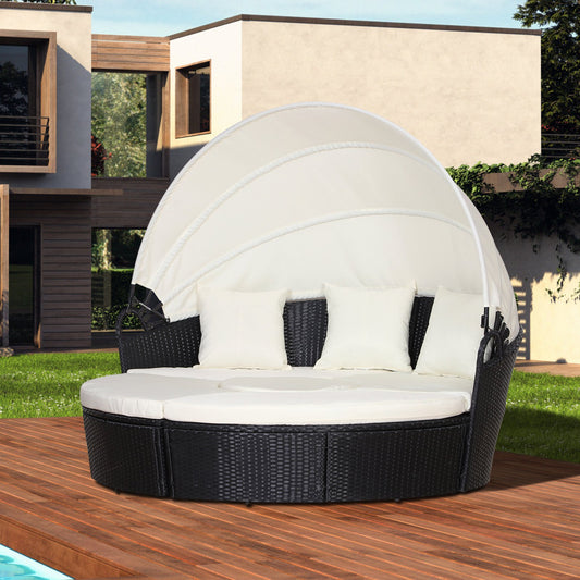 Outsunny 4 Piece Cushioned Outdoor Plastic Rattan Wicker Round Sofa Bed Coffee Table Sectional Patio Conversation Furniture Set - Black | Aosom Canada