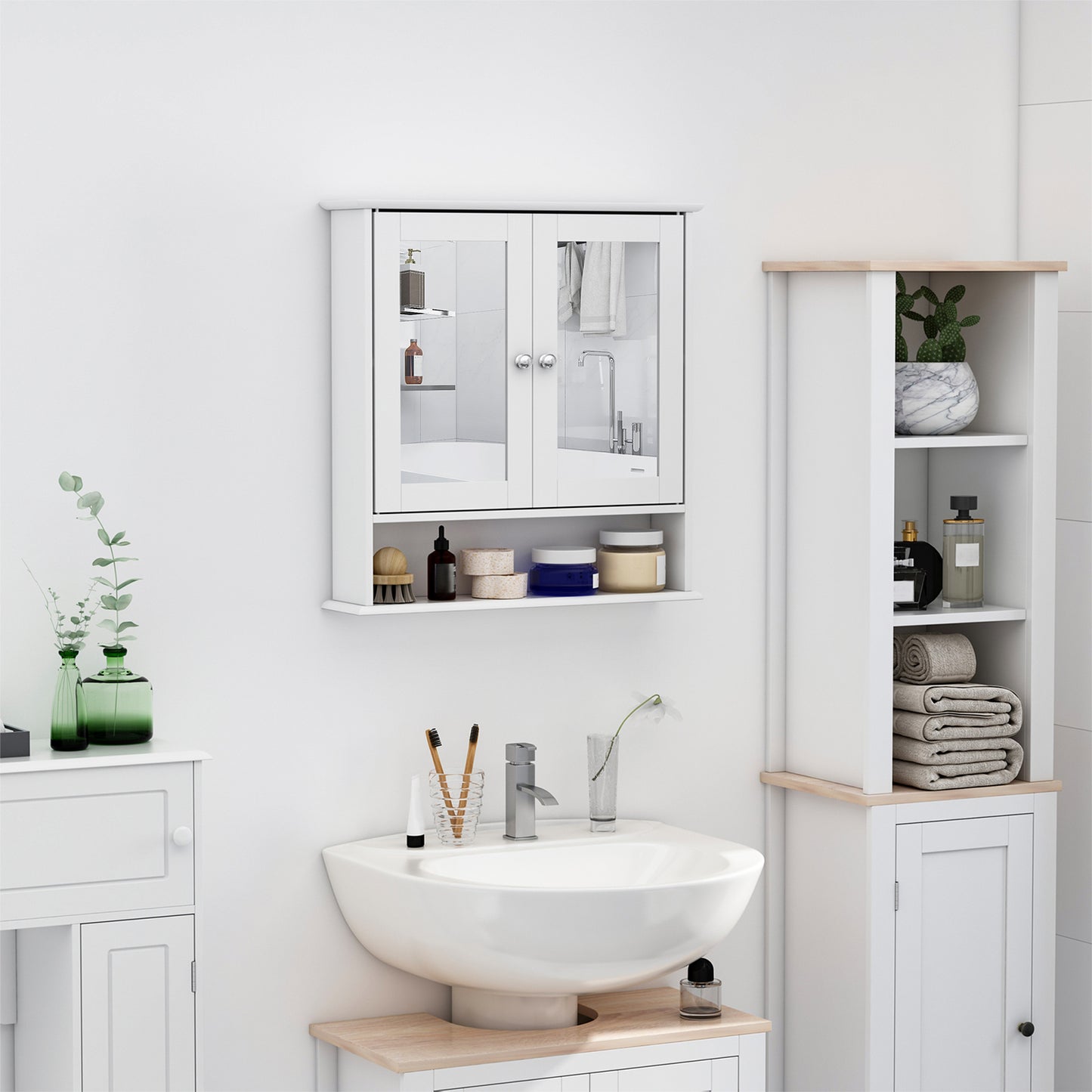 Kleankin Bathroom Storage Cabinet Wall Mounted Medicine Cabinets w/ Double Mirror Doors & Adjustable Shelf White | Aosom Canada