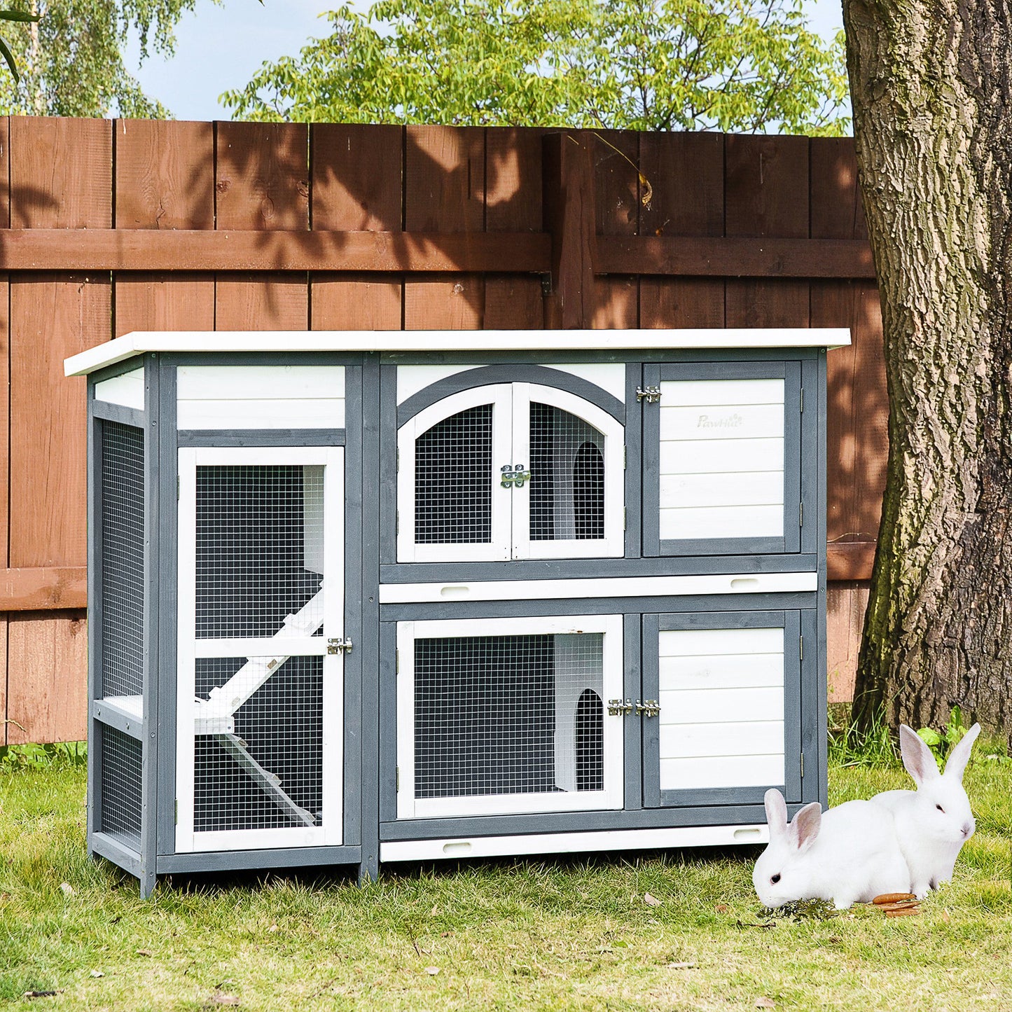 PawHut 57" Rabbit Hutch, 2 Tier Bunny Cage, Guinea Pig Cage, Bunny Run, Indoor Outdoor Small Animal House with Slide-out Tray, Ramp | Aosom Canada