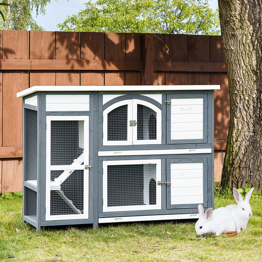 PawHut 57" Rabbit Hutch, 2 Tier Bunny Cage, Guinea Pig Cage, Bunny Run, Indoor Outdoor Small Animal House with Slide-out Tray, Ramp | Aosom Canada