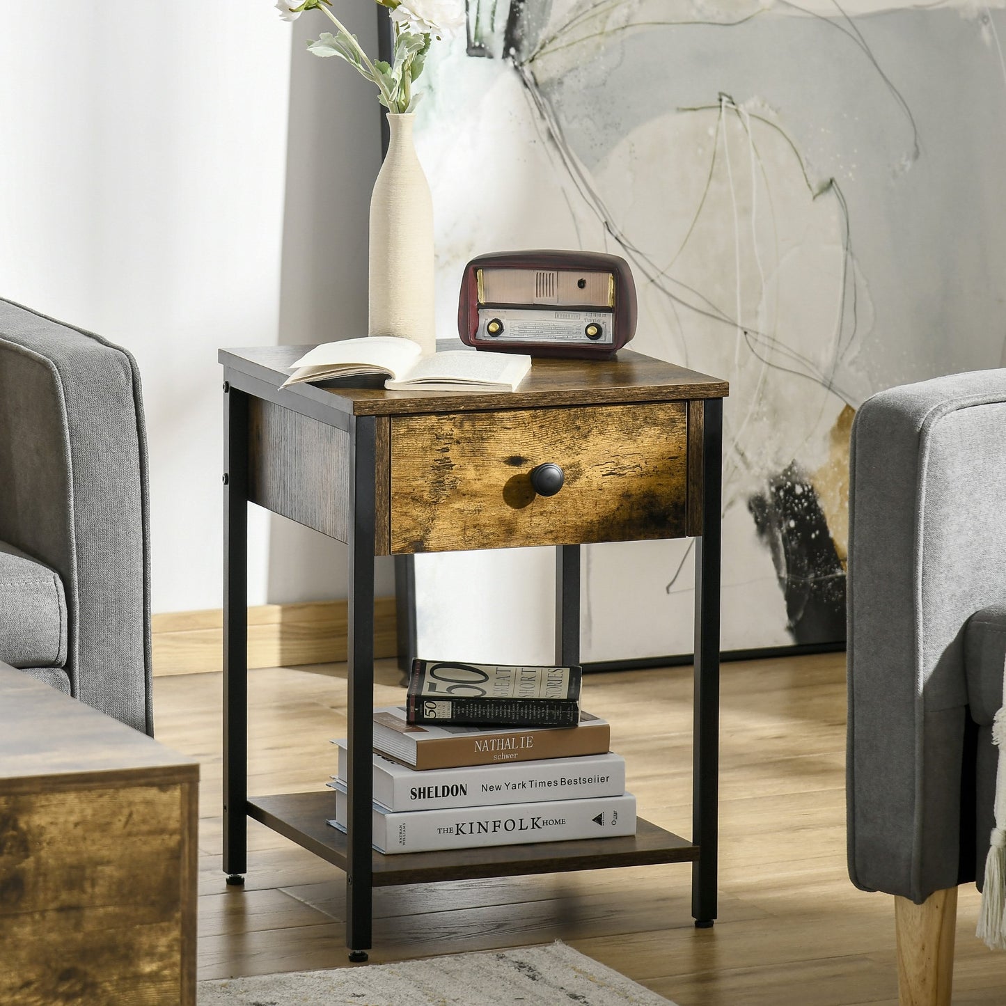HOMCOM Industrial Side Table with Storage Shelf & Drawer, Accent Table, Versatile Night Stand, for Living Room, Bedroom, Rustic Brown | Aosom Canada