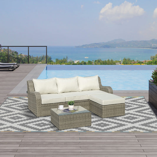 Outsunny 3 Pieces Outdoor PE Rattan Sofa Set, Multi-function Patio Wicker Sectional Conversation Sofa w/ Padded Cushion, Beige | Aosom Canada