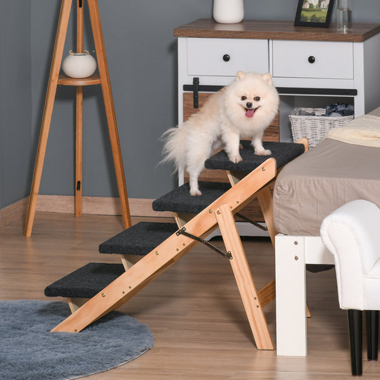 PawHut Wood Pet Stairs 2 In 1 Convertible Dog Steps and Carpeted Ramp Portable Foldable 4 Level Cat Ladder for High Bed Couch Car | Aosom Canada