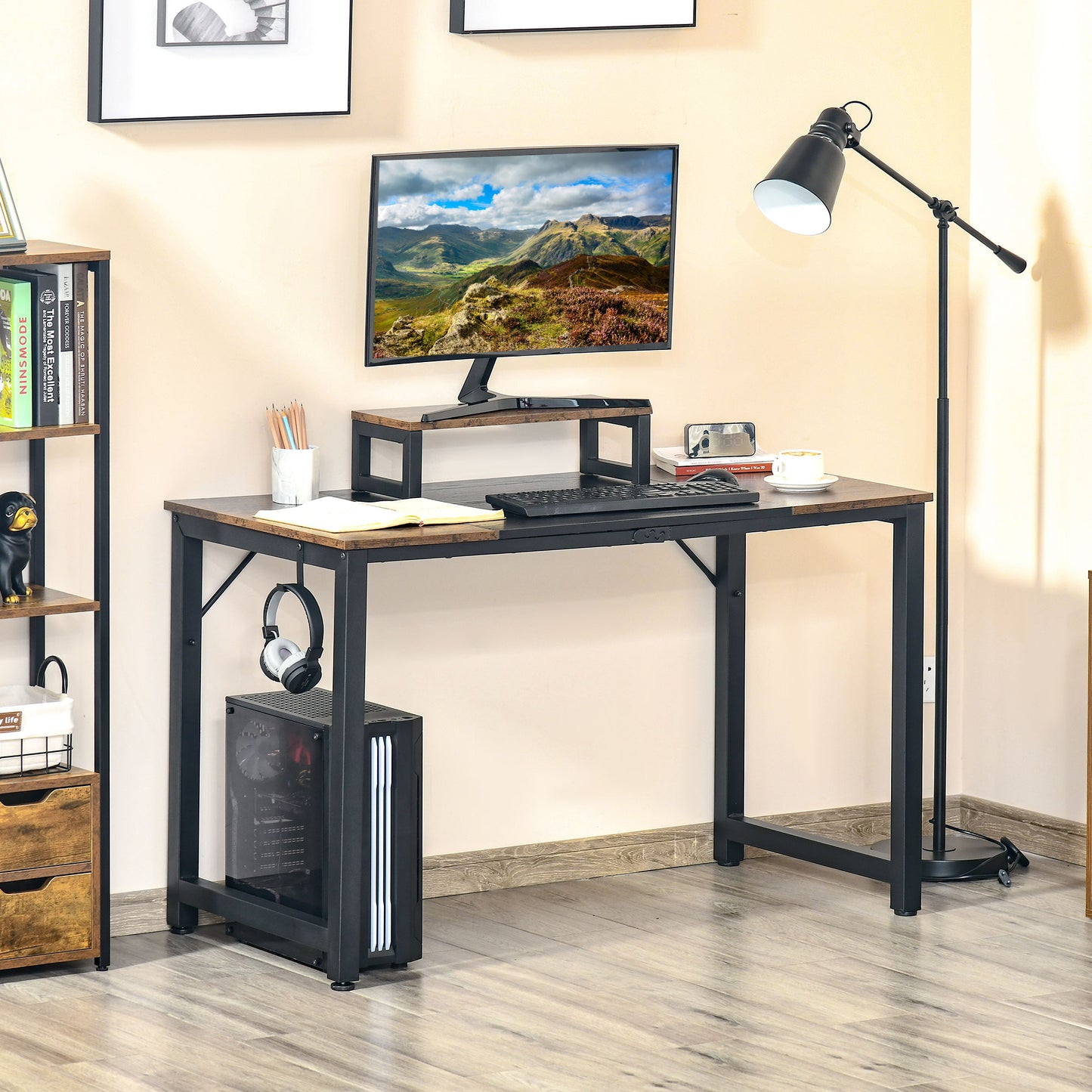 HOMCOM Industrial Style Computer Desk, Home Office Writing Desk with Raised Monitor Stand, Side Hook, Adjutable Feet,  Brown and Black | Aosom Canada