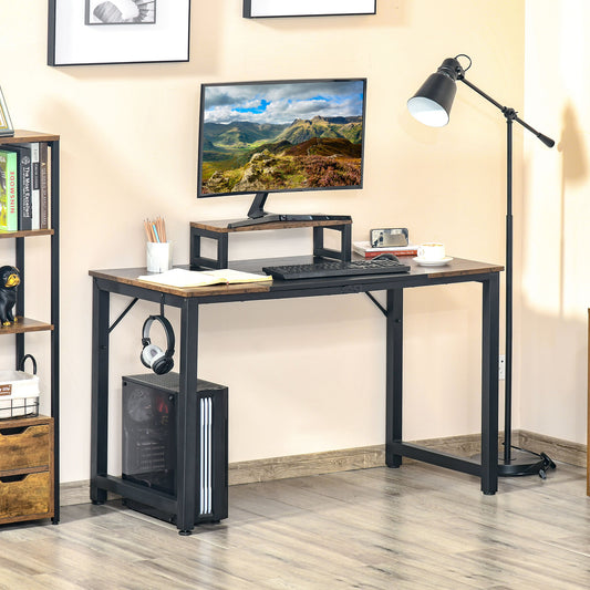 HOMCOM Industrial Style Computer Desk, Home Office Writing Desk with Raised Monitor Stand, Side Hook, Adjutable Feet,  Brown and Black | Aosom Canada