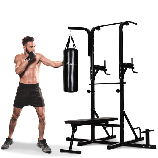 Soozier 86" Full Body Power Tower Home Gym Fitness Station w/ Punching Bag Adjustable Sit Up Bench | Aosom Canada