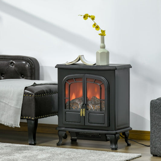 HOMCOM Electric Fireplace Stove Heater with LED Fire Flame Effect, Double Door, Freestanding & Portable with Overheat Protection, Black | Aosom Canada