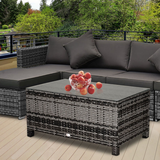 Outsunny Outdoor PE Rattan Wicker Table, Patio Garden Side Table w/ Glass Top for Patio, Balcony, Mixed Grey | Aosom Canada