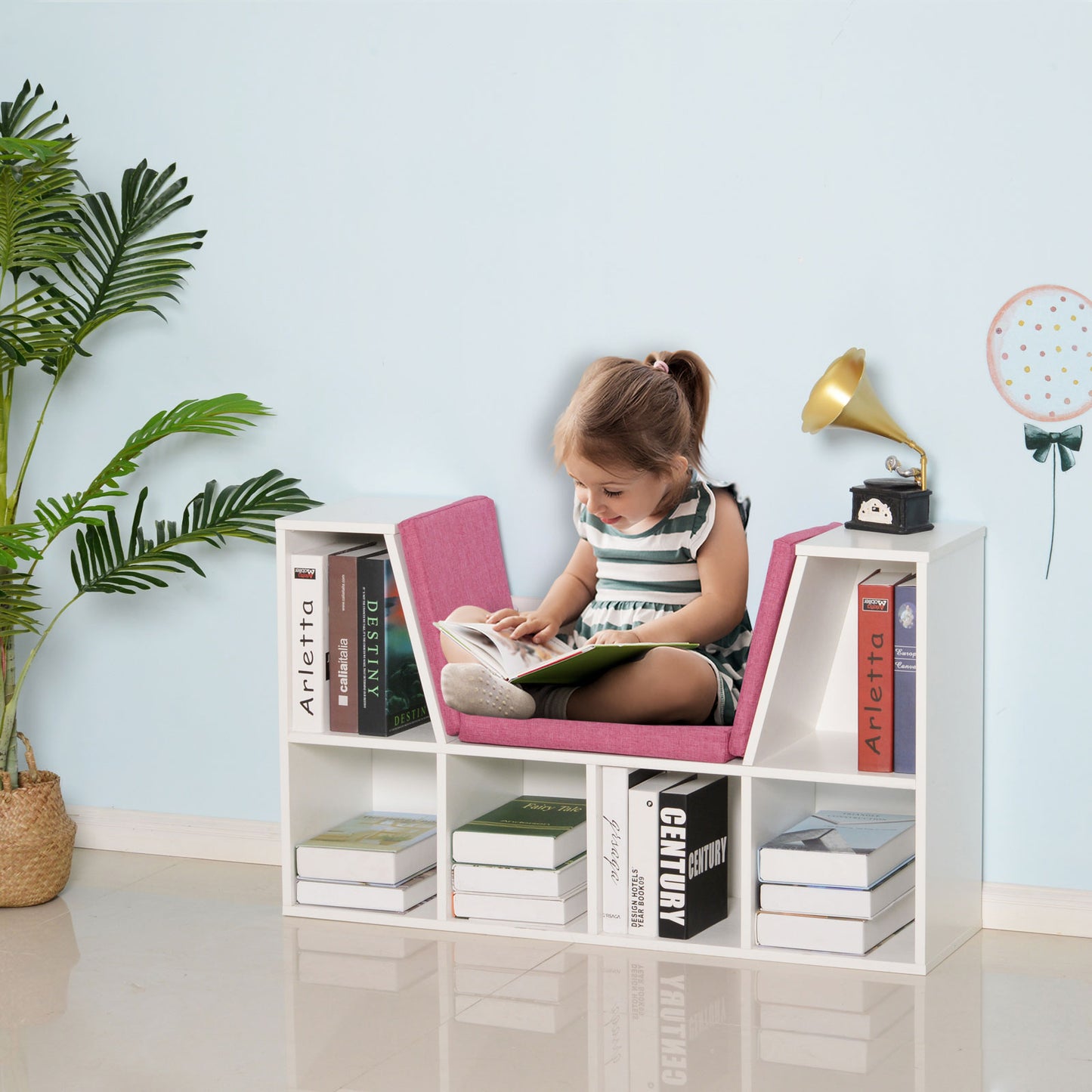 Homcom Kids Storage Bench 6-Cubby Cushioned Seat Reading Nook Multi-Use Organizer Cabinet Shelf Children Girl Boy Bedroom White Pink | Aosom Canada