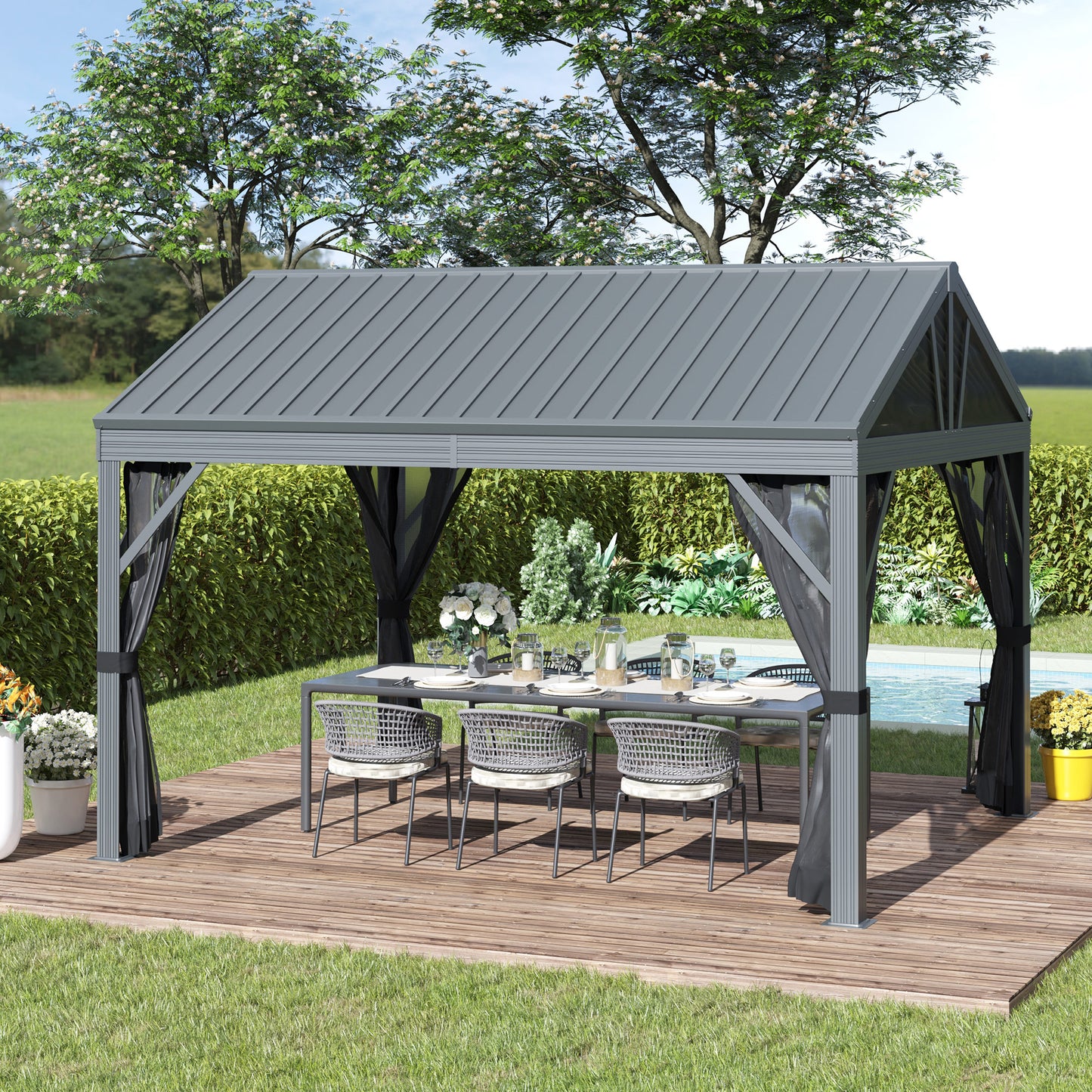 Outsunny 12' x 10' Hardtop Gazebo Steel Canopy Outdoor Pergola with Netting and Aluminum Frame for Patios, Gardens, Lawns, Dark Grey | Aosom Canada