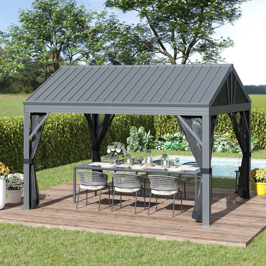 Outsunny 12' x 10' Hardtop Gazebo Steel Canopy Outdoor Pergola with Netting and Aluminum Frame for Patios, Gardens, Lawns, Dark Grey | Aosom Canada