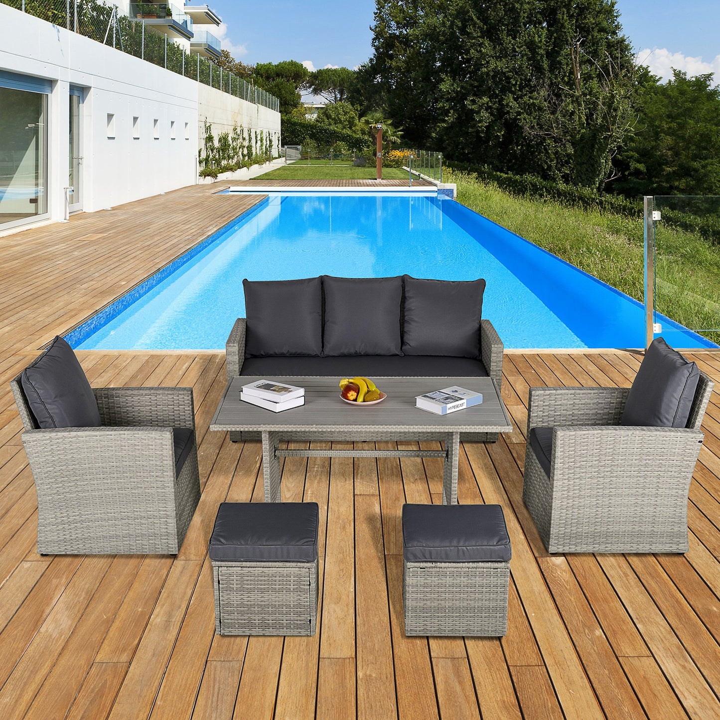Outsunny 6 PCS Outdoor Patio Dining Table Sets All Weather PE Rattan Sofa Chair set Indoor Outdoor Backyard Garden with Cushions | Aosom Canada