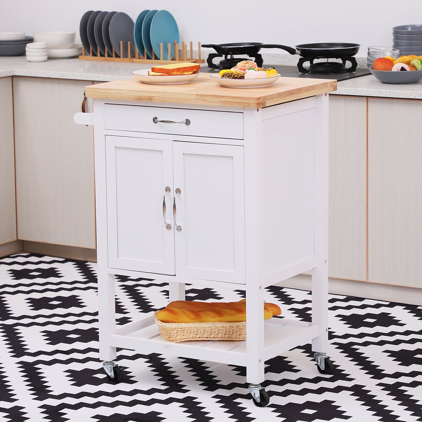 HOMCOM Kitchen Storage Trolley Cart Rolling Cupboard Island Wood Worktop Cabinet w/ Towel Rack and Drawer White | Aosom Canada