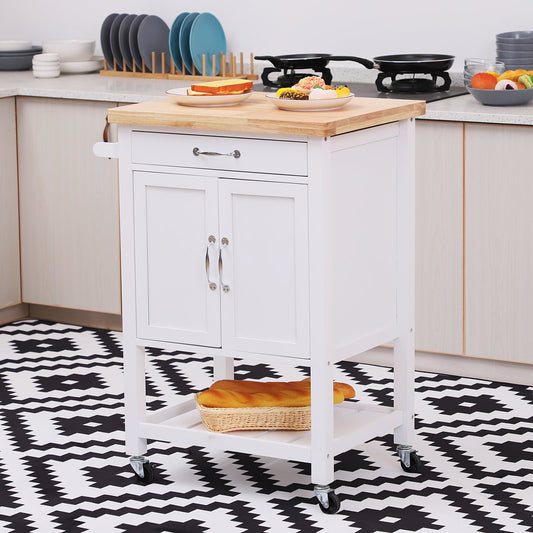HOMCOM Kitchen Storage Trolley Cart Rolling Cupboard Island Wood Worktop Cabinet w/ Towel Rack and Drawer White | Aosom Canada