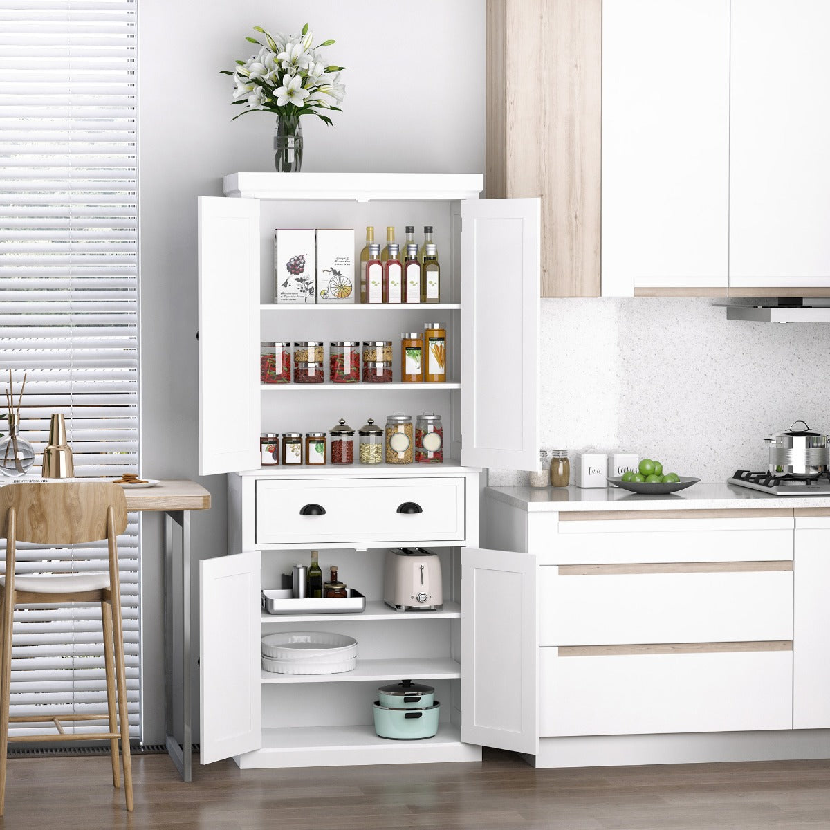 Homcom White Cabinet Pantry Microwave Kitchen Cabinet Long Standing Kitchen Cabinet W/ 2 Drawers Mdf Board | Aosom Canada