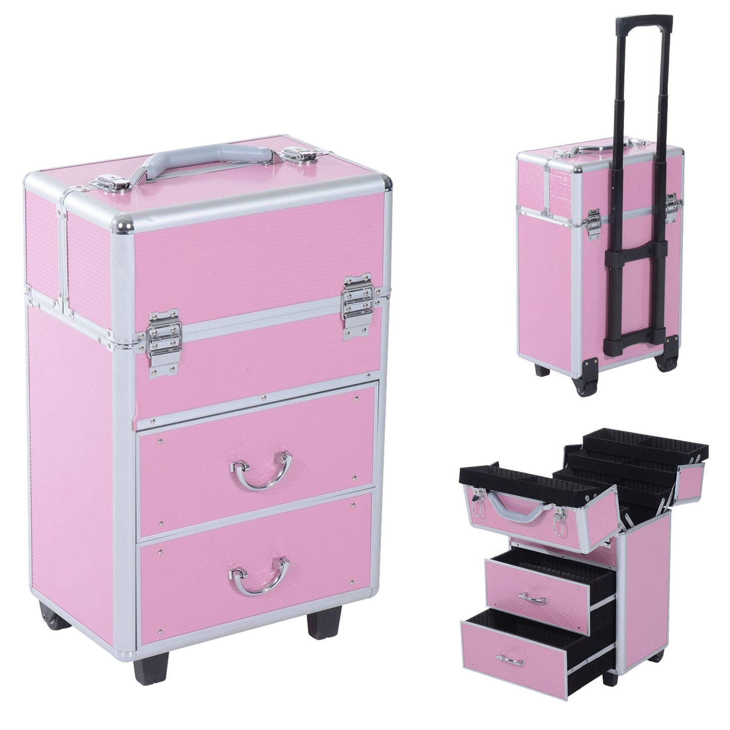 Soozier Makeup Box 4 Tier Lockable Cosmetic Makeup Train Case w/ Trays Pink | Aosom Canada