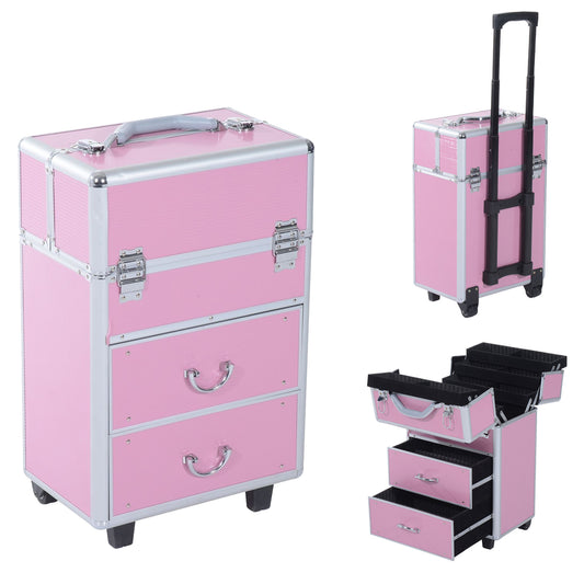 Soozier Makeup Box 4 Tier Lockable Cosmetic Makeup Train Case w/ Trays Pink | Aosom Canada