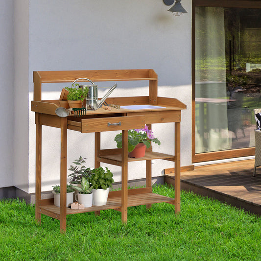 Outsunny Potting Bench Table Garden Work Bench Workstation with Drawer, Removable Sink, Storage Shelves and Hooks, Natural | Aosom Canada