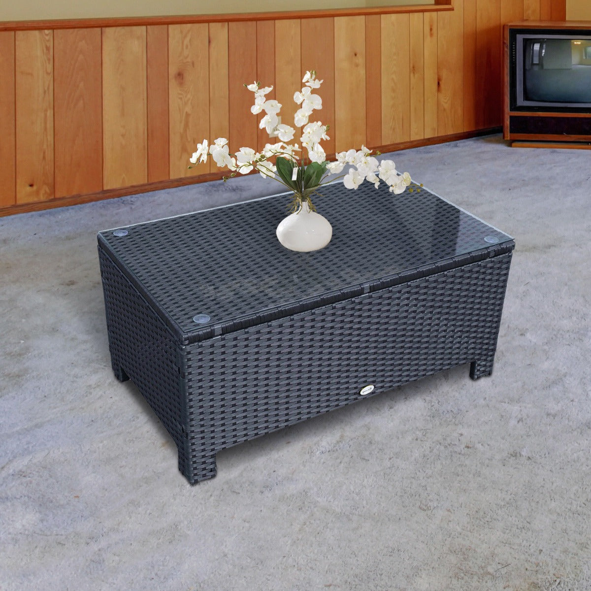Outsunny Rattan Wicker Coffee Table w/ Glass Top Outdoor Garden Patio Furniture Black | Aosom Canada