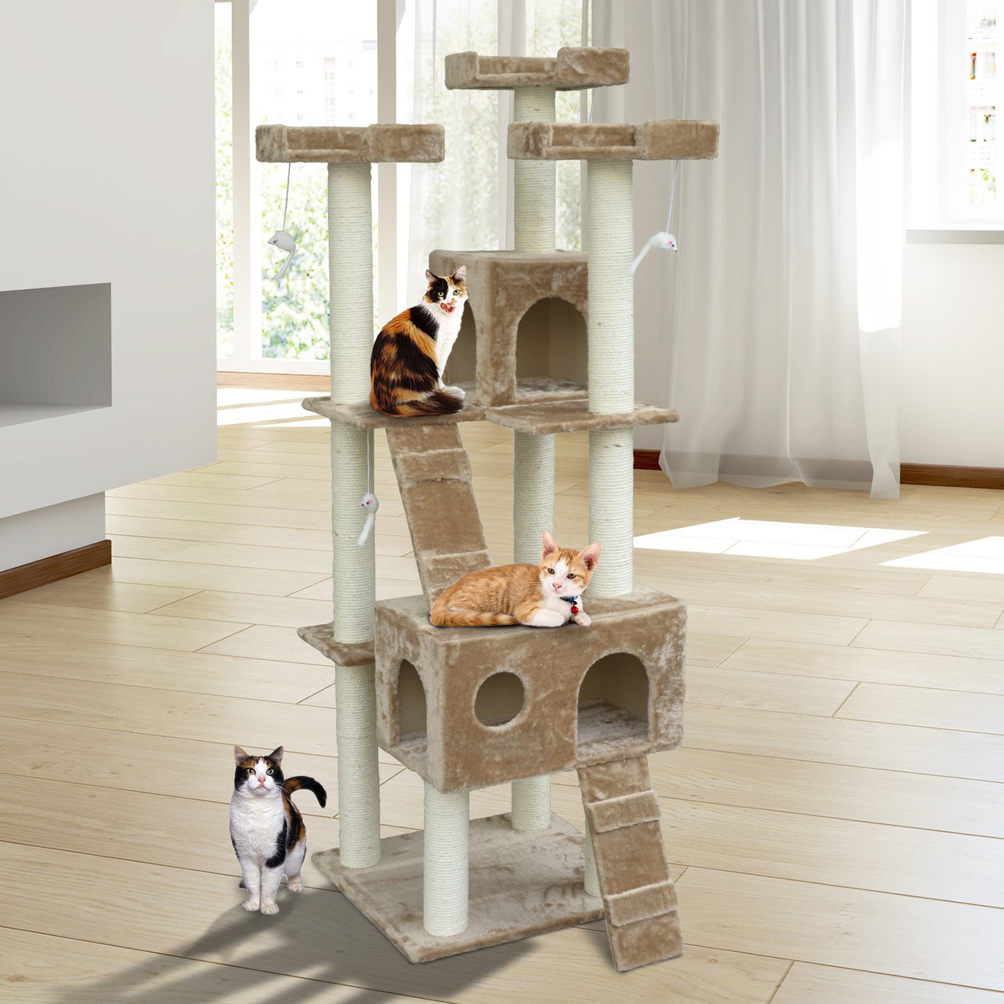 PawHut 71-Inch Cat Tree Furniture Pet Tower House w/ Scratch Post and Condo Beige | Aosom Canada