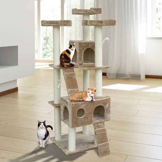 PawHut 71-Inch Cat Tree Furniture Pet Tower House w/ Scratch Post and Condo Beige | Aosom Canada