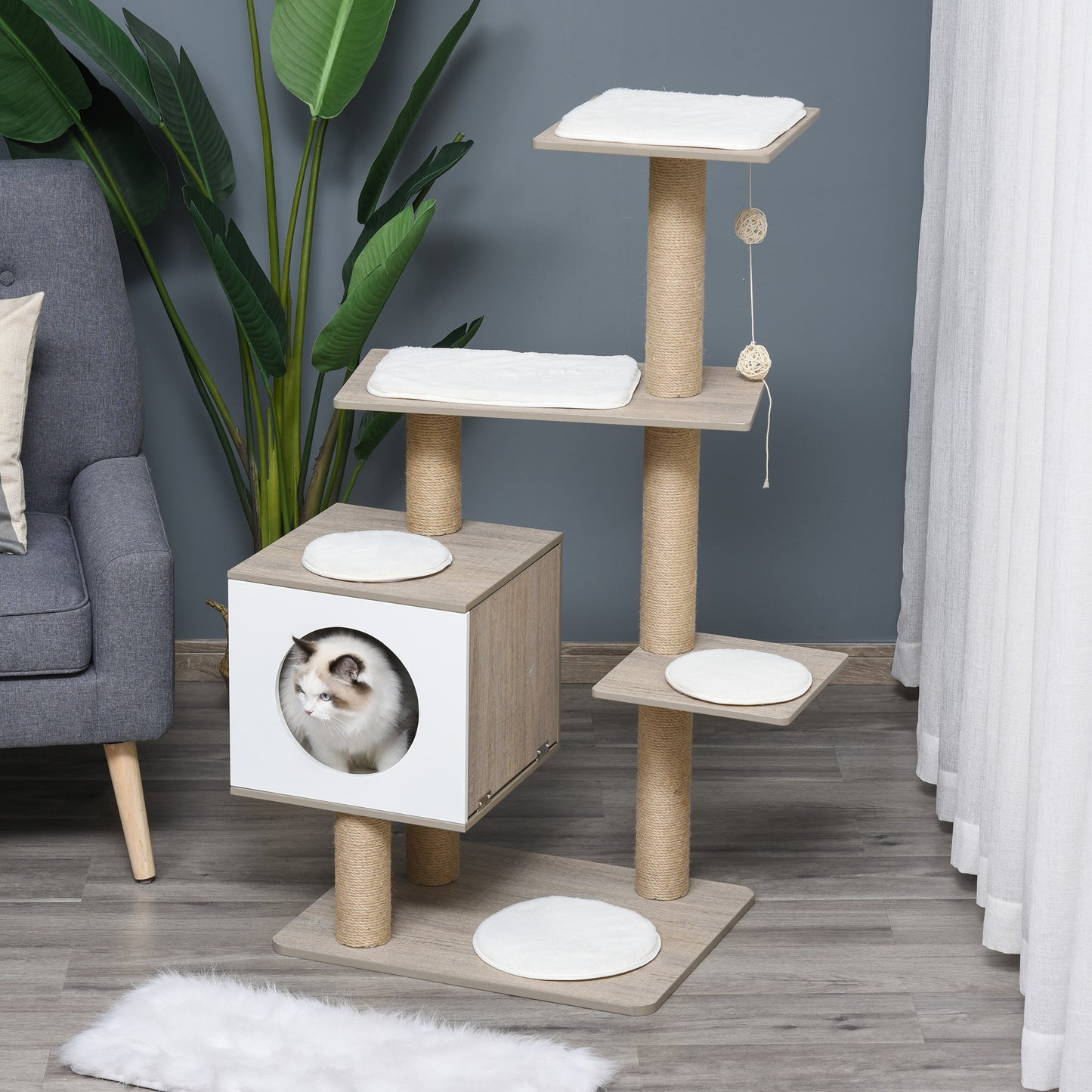 PawHut Cat tree Tower Climbing Activity Center Kitten Furniture w/ Jute Scratching Post Condo Ramp Perch Cushions Velcro Dangling Balls | Aosom Canada
