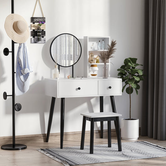 HOMCOM Vanity Set, Makeup Dressing Table Set with Stool, Wood Vanity Desk with Mirror, Storage Drawers and Shelf, White and Black | Aosom Canada