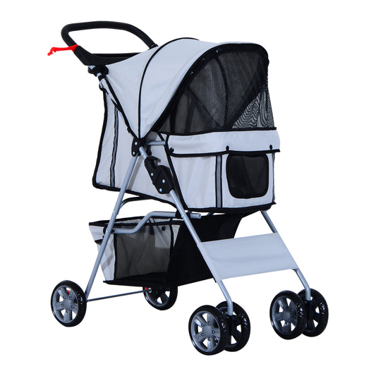 PawHut Jogging Stroller 4 Wheel Pet Stroller Carrier Folding Sunshade Oxford Cloth Canopy w/Brake Lightweight Reflective Strip Grey | Aosom Canada