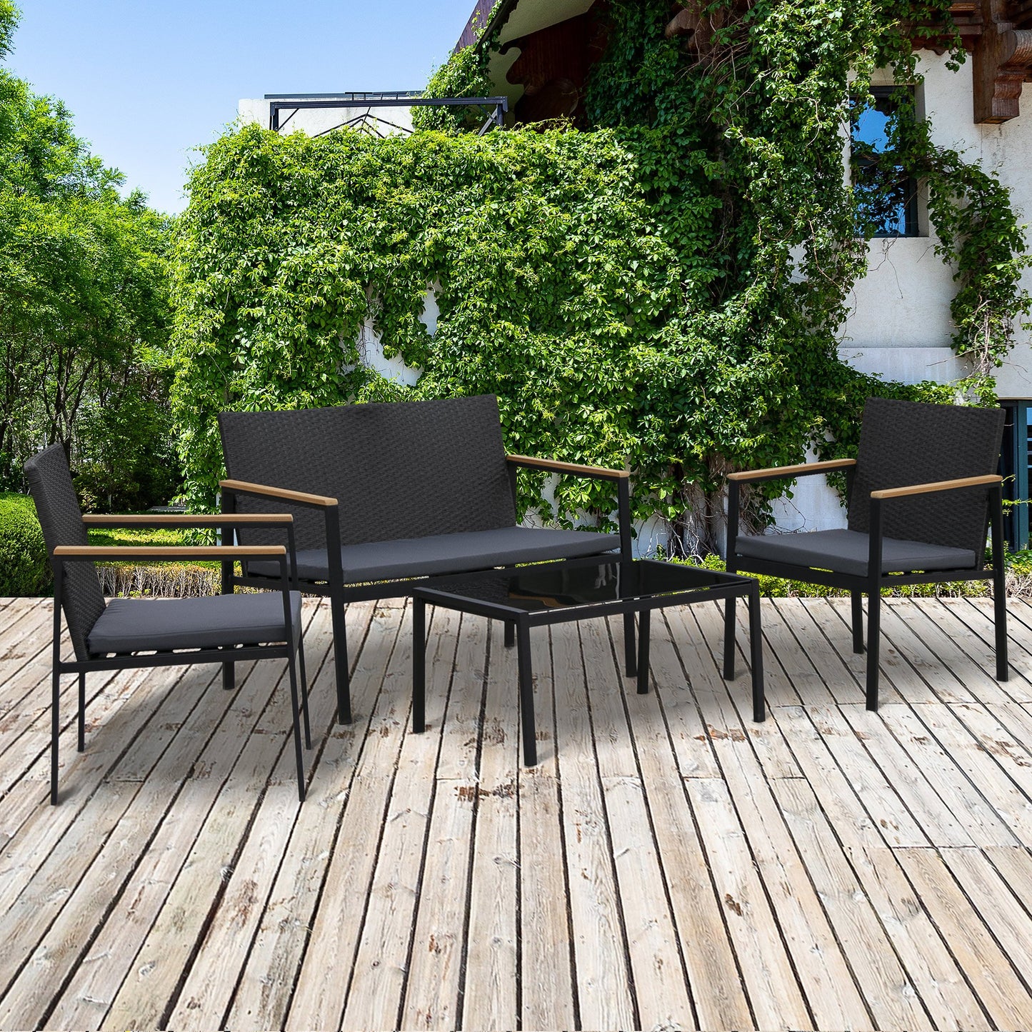 Outsunny 4-Piece Cushioned Outdoor Rattan Wicker Chair and Loveseat Furniture Set | Aosom Canada
