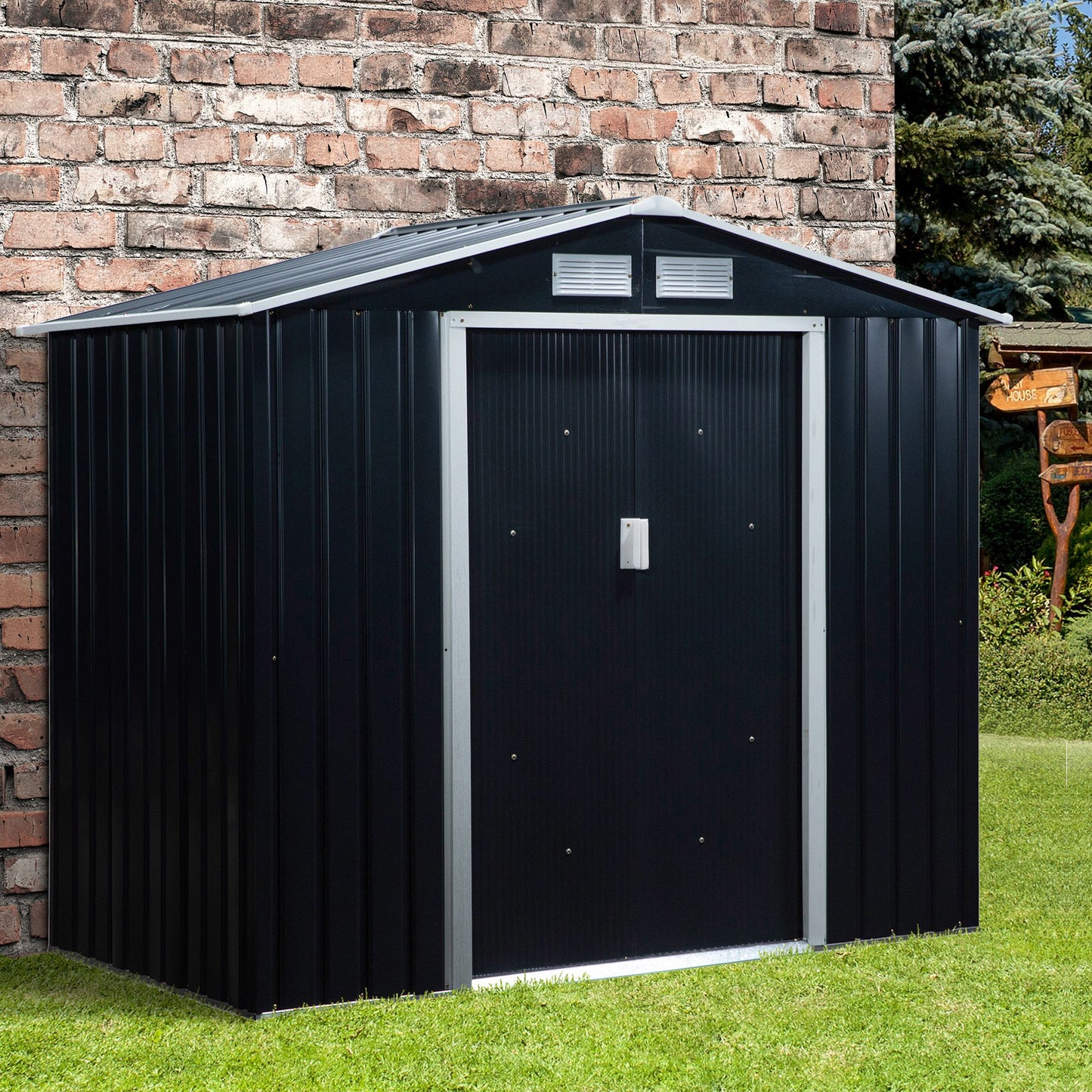 Outsunny 7'x4' Metal Outdoor Shed Organizer & Garden Storage with 4 Vents for Airflow & 2 Easy Sliding Doors, Dark Grey | Aosom Canada