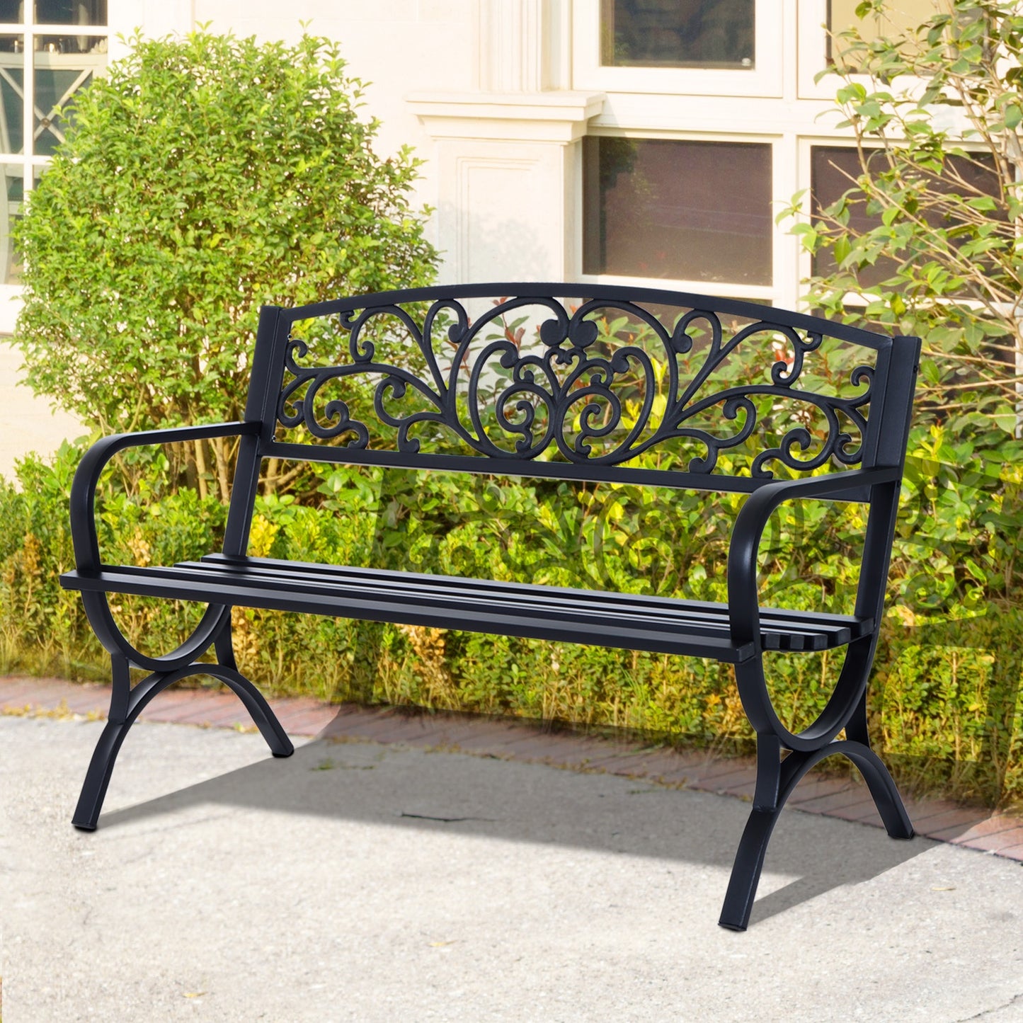 Outsunny 50" Patio Porch Loveseat Cast Iron Outdoor Bench Black | Aosom Canada