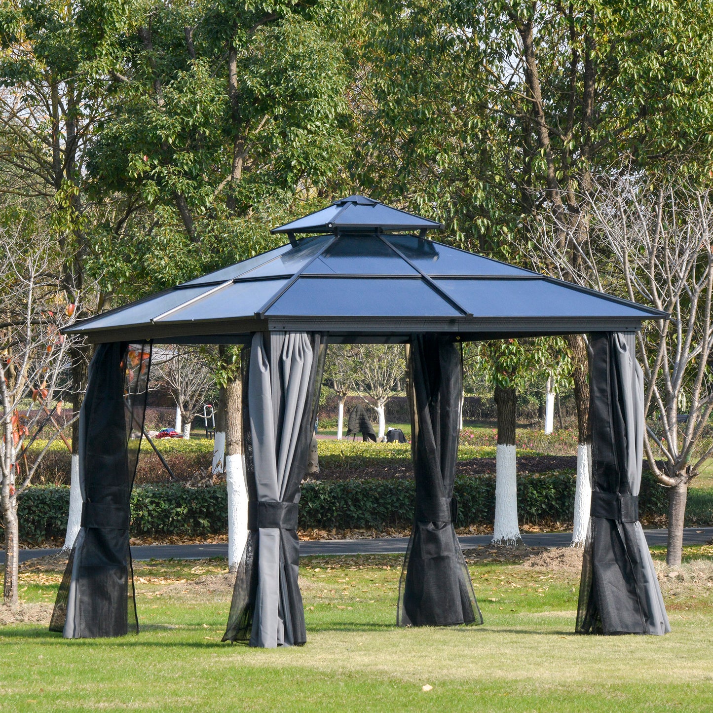 Outsunny 10'x10' Polycarbonate Hardtop Gazebo Canopy Outdoor Double Tier Roof Aluminum Frame with Curtains, Netting Sidewalls, Black | Aosom Canada