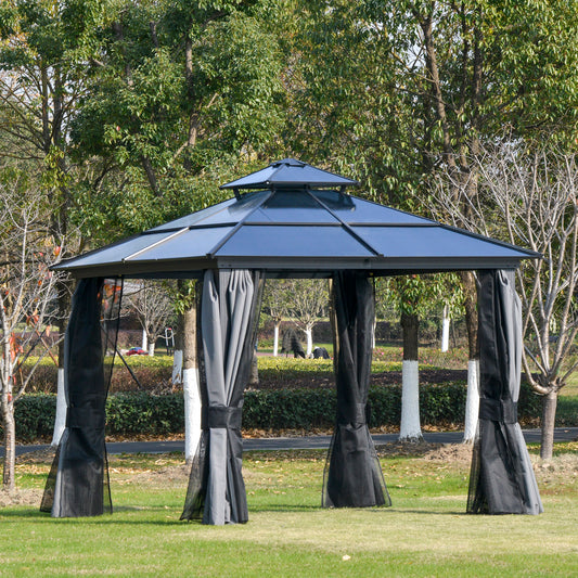 Outsunny 10'x10' Polycarbonate Hardtop Gazebo Canopy Outdoor Double Tier Roof Aluminum Frame with Curtains, Netting Sidewalls, Black | Aosom Canada