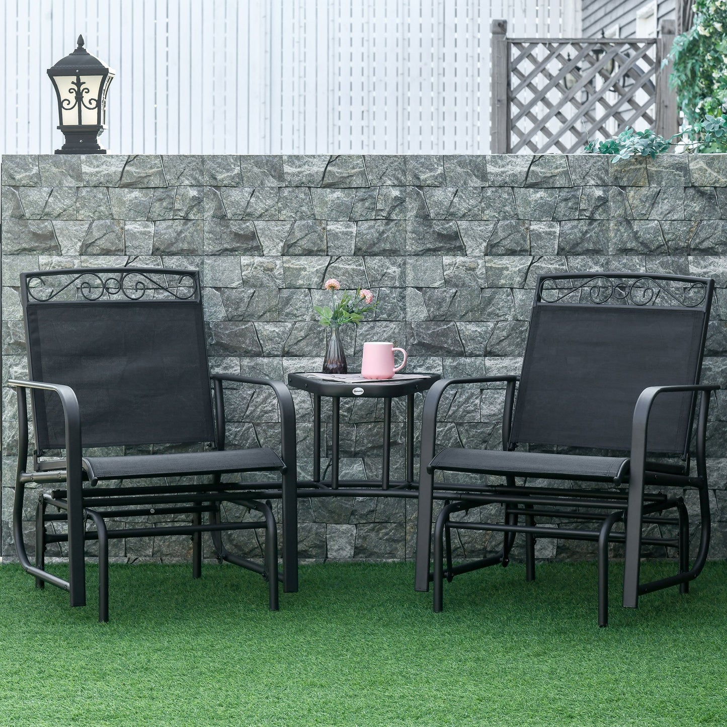Outsunny Outdoor Glider Bench with Coffee Table, Patio 2-Seat Rocking Chair Swing Loveseat with Breathable Sling, Black | Aosom Canada
