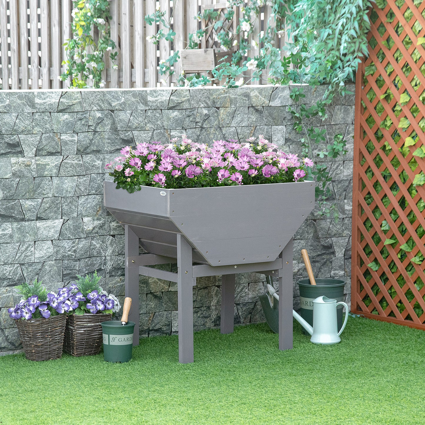 Outsunny Wood Raised Garden Bed with Non-Woven Fabric, Elevated Planting Box, Outdoor Vegetable Flower Container, Grey | Aosom Canada