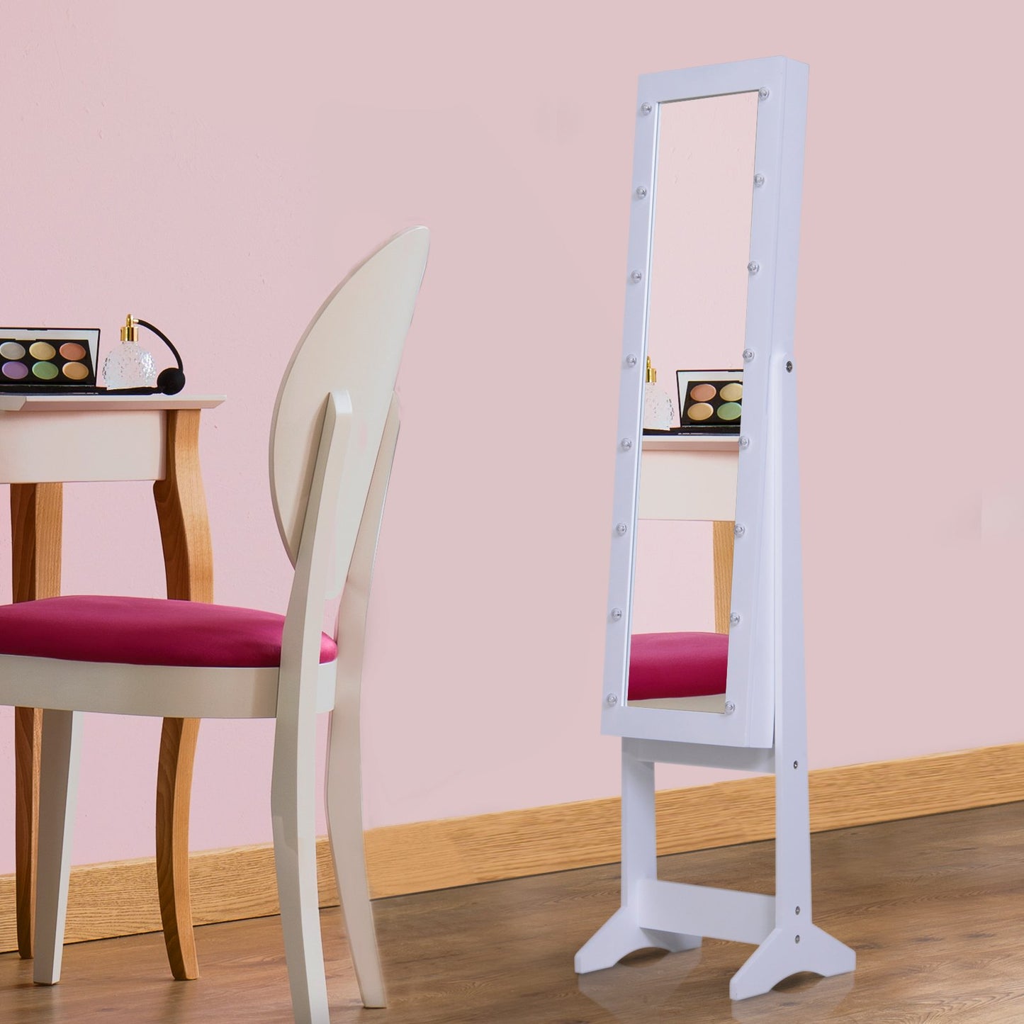 HOMCOM Lighted Mirrored Jewelry Cabinet Floor Free Standing Armoire Organizer Storage Rings Earrings Adjustable Lock 16 LED Light White | Aosom Canada