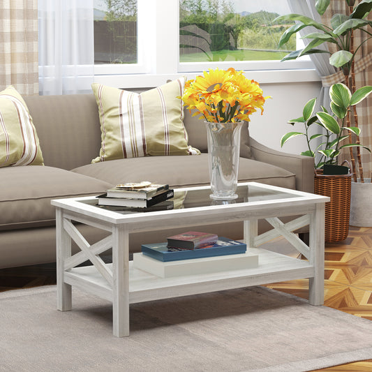 HOMCOM Farmhouse Coffee Table with Tempered Glass Table Top, 2-tier Center Table with Bottom Storage Shelf for Living Room, Bedroom | Aosom Canada